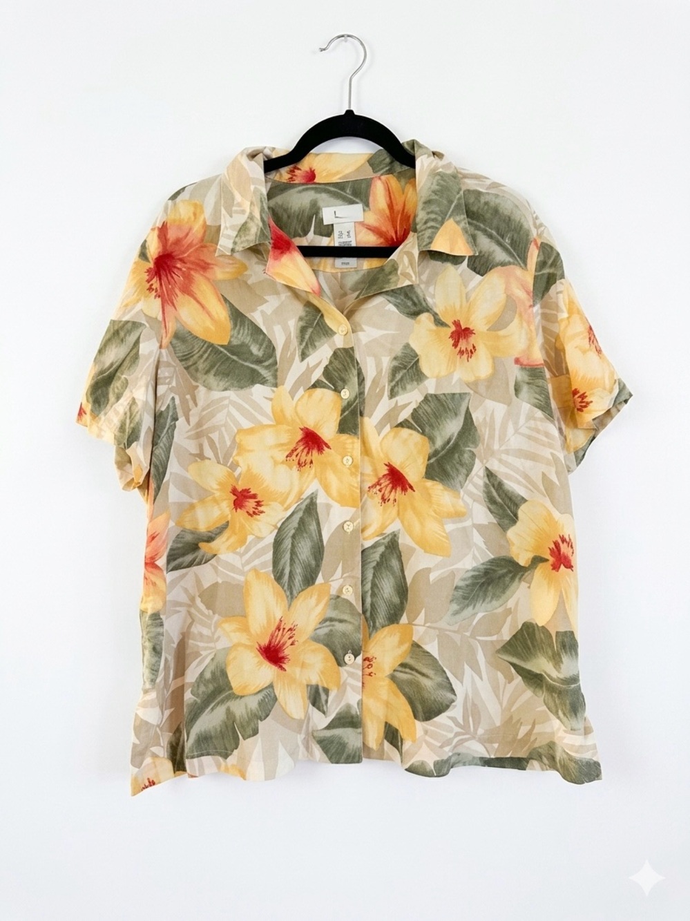 Vintage Liz Claiborne LizGolf 100% Silk Tropical Hibiscus Floral Button Up XL